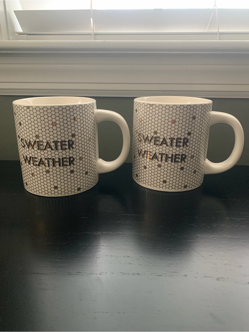 White Ceramic Mug Pair with Gold Honeycomb Accent